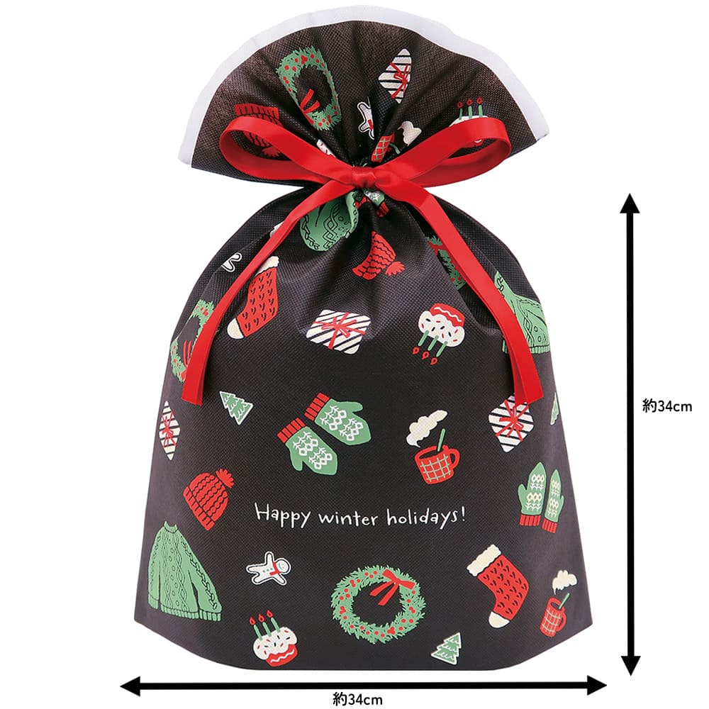 クリスマス ラッピング袋 不織布 ハッピーホリデー／ブラックL