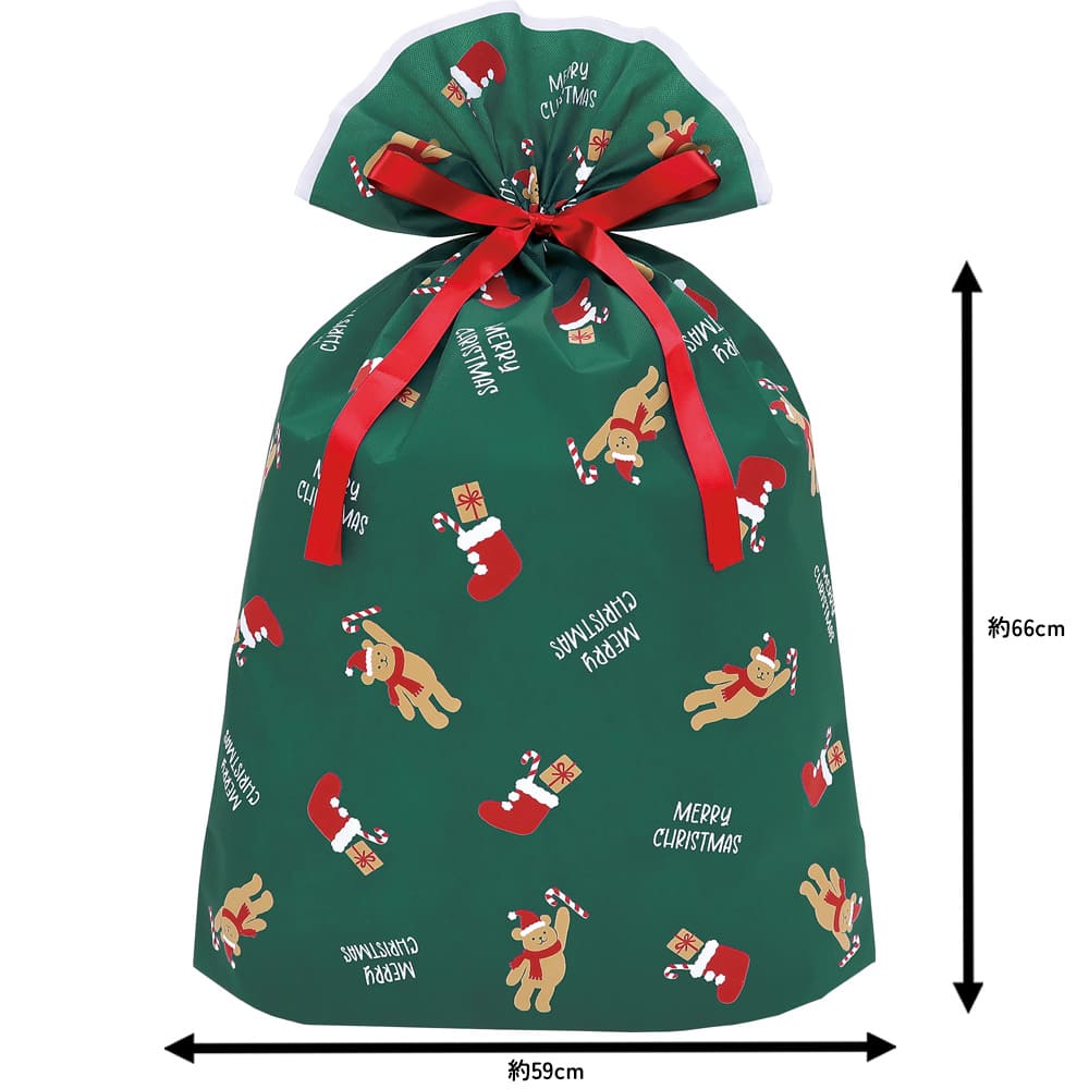 クリスマス ラッピング袋 不織布 キャンディベア／グリーン4L